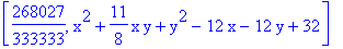 [268027/333333, x^2+11/8*x*y+y^2-12*x-12*y+32]
